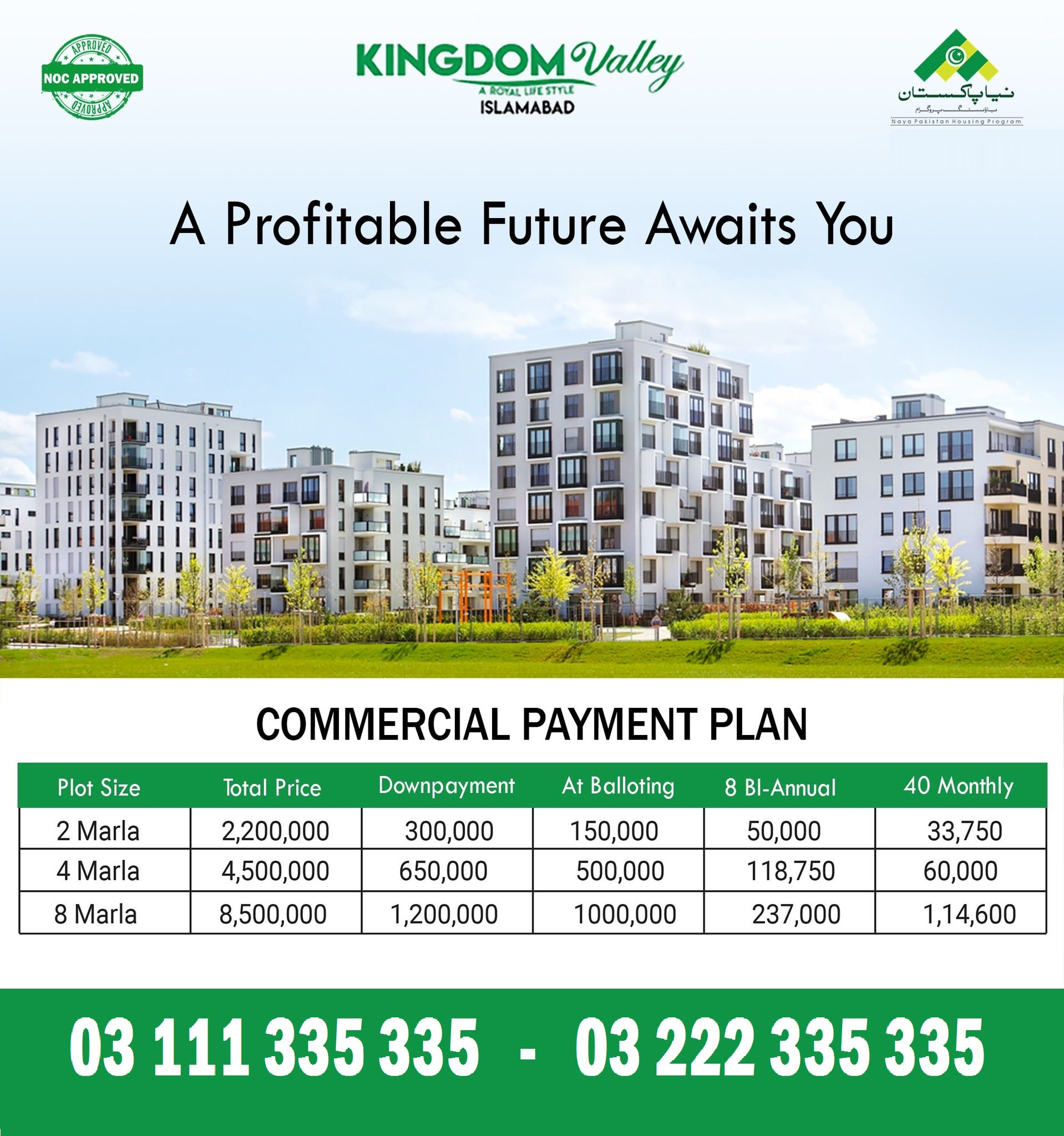 kingdom Valley  5, 8, 10 Marla & 1 kanal plot for sale.